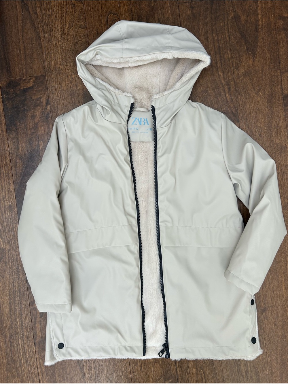 Zara Cream Teddy Raincoat with Black Zipper